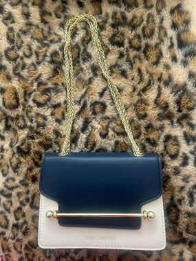 Strathberry Navy, Cream and Burgundy Mini Leather Crossbody with Gold Bar
